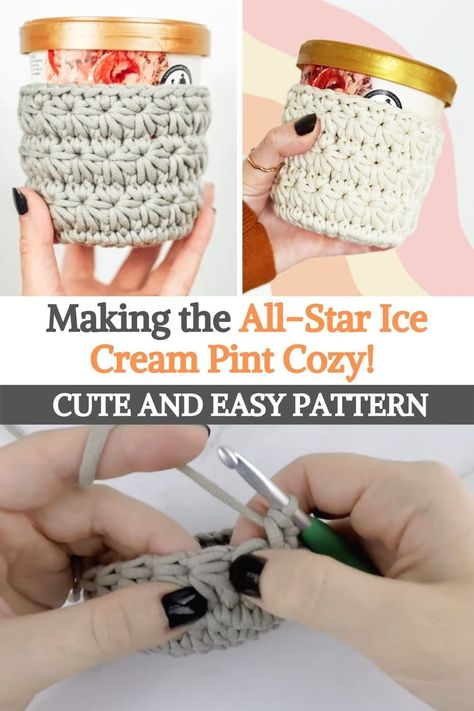 Crochet Ice Cream Cozy Pattern Free, Ice Cream Pint Cozy Patterns, Ice Cream Cozy Crochet, Crochet Ice Cream Pint Cozy Pattern, Crochet Pint Cozy, Ice Cream Pint Cozy, Crochet Ice Cream, Crochet Scalloped Edge, Ice Cream Holder