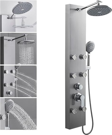 ROVOGO 304 Stainless Steel Shower Panels System with 8-inch Rainfall Shower, 6 Body Jets and 5-Setting Handheld Shower Wand, Shower Tower with Adjustable Head, Stainless Steel - Amazon.com Shower Wand, Shower Tower, Waterfall Shower, Shower Panel, Shower Columns, Shower Units, Rainfall Shower Head, Panel Systems, Rainfall Shower