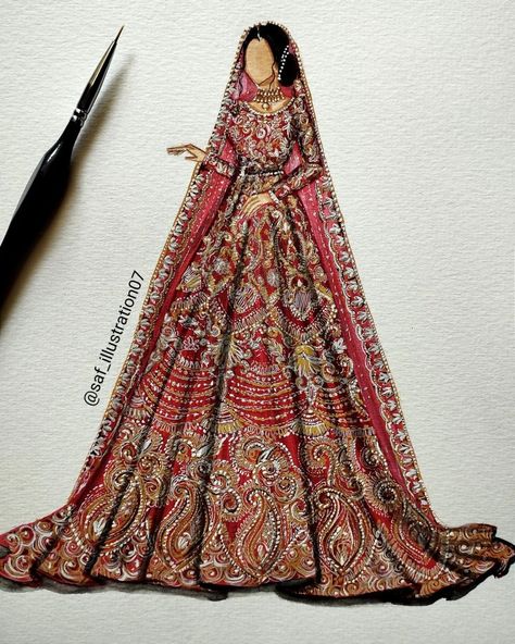 Bridal illustration Bride Fashion Illustration Sketch, Bridal Illustration Indian, Lehenga Illustrations, Traditional Dress Illustration, Bridal Dress Illustration, Bridal Drawing, Outfits Illustration, Dresses Illustration, Bride Illustration