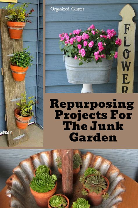 Organized Clutter Iod Crafts, Repurposed Planter, Repurposed Projects, Junk Garden, Repurposed Junk, Organized Clutter, Cedar Planter Box, Repurposing Ideas, Garden Shelves