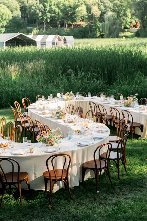 Bentwood Chairs Wedding, Serpentine Table, Farm Wedding Decorations, Wedding Table Layouts, Reception Layout, Tent Rentals, Bentwood Chairs, Exposed Wood, Wedding Chairs