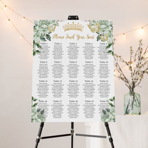 Sage Green Butterfly Quinceanera Theme, Sage Green Debut Theme, Sage Green Quince Court, Quince Seating Chart, Sage Green Quince Decorations, Princess And The Frog Sweet 16 Party Decor, Light Green Sweet 16, Sage Sweet 16, Princess Tiana Themed Sweet 16