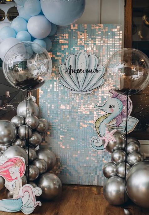 Panel Backdrop, Mermaid Happy Birthday, Ariel Birthday Party, Under The Sea Decorations, Ariel Birthday, Balloon Ideas, Sea Decor, Mermaid Sequin, Whimsical Wonderland