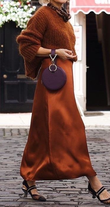 Copper Palette, Modest Street Fashion, Rust And Black, Satin Skirt Outfit, Copper Dress, Color Combinations For Clothes, Purple Outfits, Winter Mode, Trendy Fall Outfits