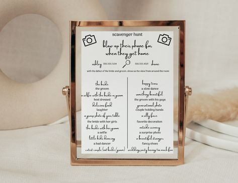 If you're looking to elevate your event with elegance, don't worry, we got you!! This fun Scavenger Hunt sign is a great way to engage your guests at your wedding reception and allows you to see your party from their point of view! Games Sign Wedding, Scavenger Hunt Wedding Reception, Wedding Picture Scavenger Hunt, Wedding Scavenger Hunt, Wedding Instagram Scavenger Hunt, Wedding Photo Scavenger Hunt, Wedding Photo Scavenger Hunt Printable, Wedding Guest Photo Scavenger Hunt, Camera Scavenger Hunt Wedding