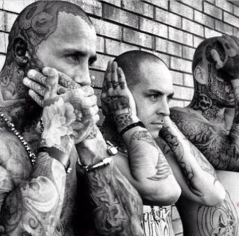 Speak no evil, hear no evil, see no evil Prison Tattoo Meanings, Cholo Tattoo, Gang Tattoos, Tattooed Men, Estilo Cholo, Cholo Style, Prison Tattoos, Inked Men, Head Tattoos