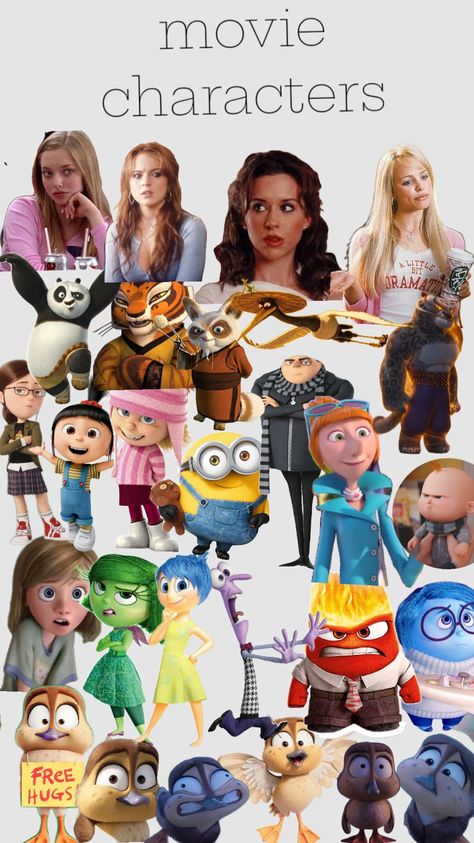 characters from different movies#mean girls#Kung Fu panda#despicable me#inside out#migration#wallpapet#cool#movie#characters Hear Me Out Girls Characters, Girl Movie Characters, Favorite Movie Character Day Spirit Week, Famous Characters Costumes, 2000 Nostalgia, Ct Logo, Character Day, Character Movie, Iconic Movie Characters