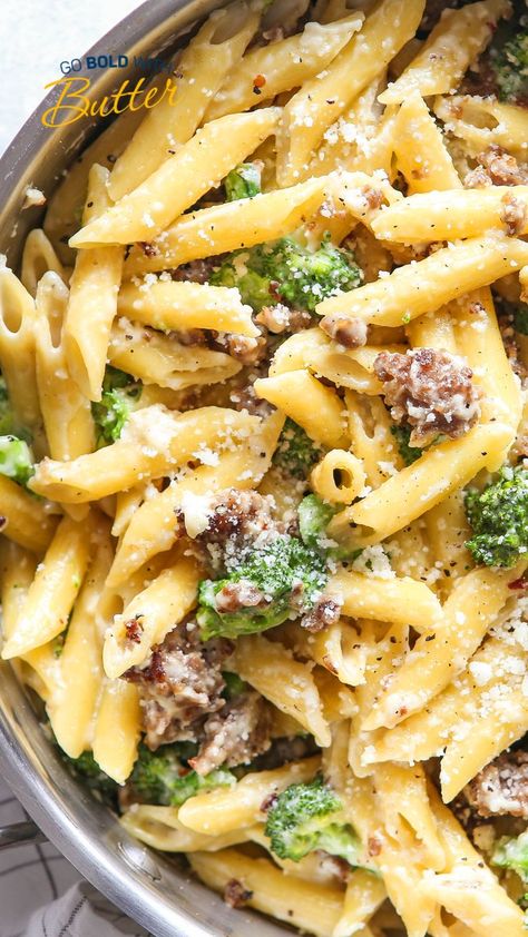 This satisfying dinner featuring creamy pasta with Italian sausage, broccoli and parmesan cheese comes together in one pot in less than 20 minutes. One Pot Spicy Sausage And Broccoli Pasta, Sausage Broccoli Alfredo Pasta, Pasta With Crumbled Sausage, Italian Sausage And Asparagus Recipes, Italian Sausage Broccoli Pasta, Italian Sausage And Broccoli Recipes, Italian Sausage Pesto Pasta, Sausage Pasta Olive Oil, Italian Sausage Bowtie Pasta