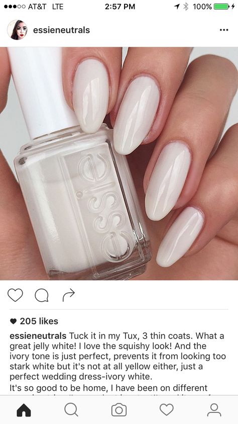 Essie tuck it in my tux Essie Milky Nails, Essie Tuck It In My Tux Nails, Essie White Nail Polish, Engagement Nails, Milky Nails, Nail Color Trends, Gel Mani, Nail Stuff, Nail Colours