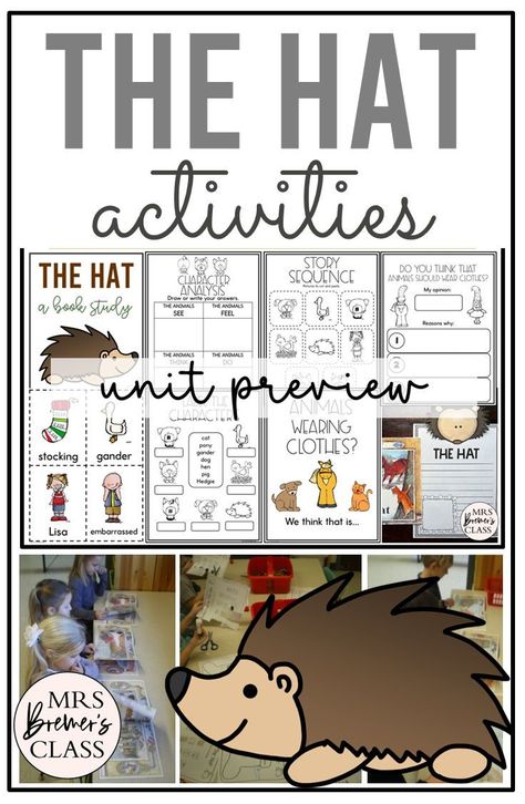 The Hat Jan Brett book activities unit with literacy printables, reading companion activities, lesson ideas and a craft for winter in Kindergarten & First Grade The Hat Book Activities, Jan Brett The Hat, Winter Literacy Centers, Book Study Activities, First Grade Books, Jan Brett, Kindergarten Reading Activities, Kindergarten Books, Author Studies