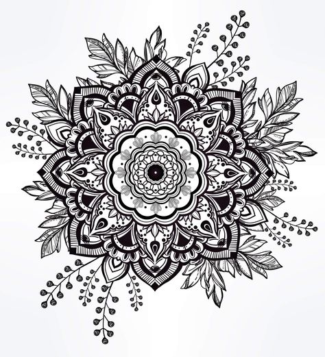 Mandala with flowers Crown Of Leaves, Element Tattoo, Illustration Invitation, Kunst Tattoos, Design Mandala, Geniale Tattoos, Desenho Tattoo, Fake Tattoos, Mandala Tattoo