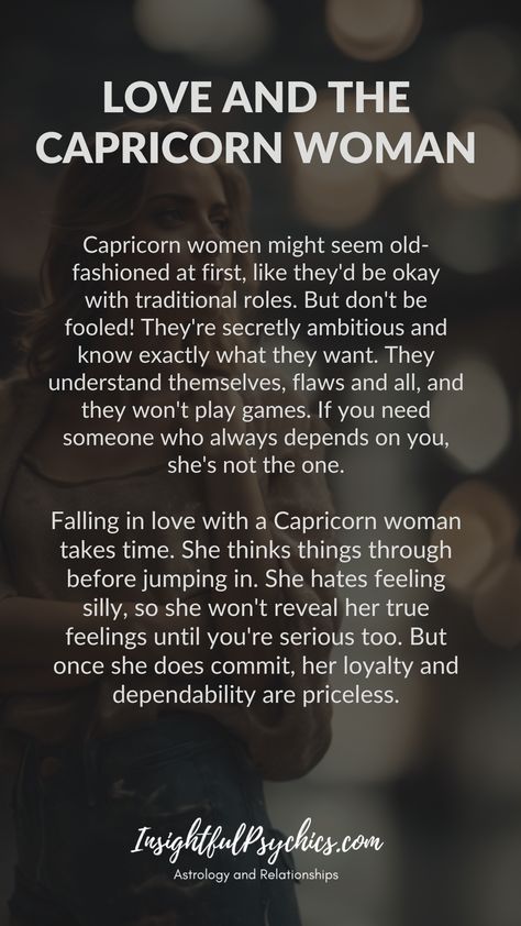 Capricorn women seem traditional but are secretly ambitious and self-aware. They won't be clingy. They fall in love carefully and hate feeling vulnerable. But once a Capricorn woman commits, she is incredibly loyal and reliable. Hashtags #capricorn #earthsign #loyalty #ambition #love #capricornwoman #capricornwomen Capricorn Traits Woman, Capricorn Crush, Capricorn Facts Women, Capricorn Girlfriend, Capricorn Love Match, Capricorn And Aries, Capricorn Witch, Capricorn Truths, Capricorn Love Compatibility