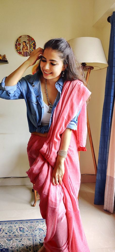 Quirky look to a saree by adding a denim shirt  #restylingwithpenaaz #saree #denimshirt T Shirt Blouse For Saree, Shirt Saree Blouse Style, Shirt Style Blouse For Saree, Shirt With Saree Style, Saree With Jeans, Denim Saree, Saree Aesthetic, Shirt Styling, Desi Vibes