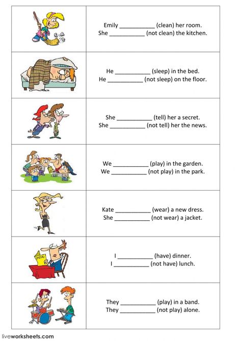 Present Simple interactive and downloadable worksheet. You can do the exercises online or download the worksheet as pdf. Present Continuous Negative Worksheet, Present Simple Worksheet, Simple Sentences Worksheet, Simple Present Tense Worksheets, Negative Sentences, Regular Past Tense Verbs, English Grammar For Kids, Simple Present Tense, Simple Past Tense