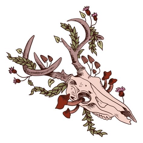 Animal mushroom deer skull PNG Design How To Draw Deer Skull, Deer Skull Design, Dear Skull Drawing, Skull Animal Art, Deer Skull Illustration, Deer Skull Sketch, October Drawings, Deer Skull Drawing, Animal Skull Art