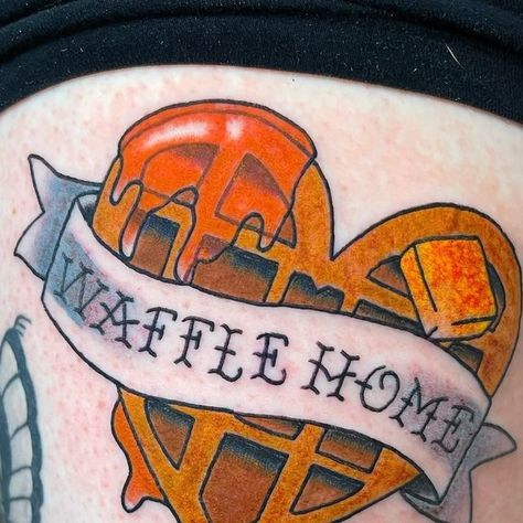 Mandy Kathryn on Instagram: "It is not a waffle house, it is a waffle home. 💕 Big shoutout to @dome_crone for going along with this idea I threw at her last minute and sat with me while I drew it up, always a fun time tattooing you! Also the healed rose was also done by me, over a year old. ✨ . . . . . #stl #stltattoo #stltattooartist #stltat #stlartist #stlgram #stlouis #stlouismo #stlouistattoo #stlouistattooartist #stlouistat #stlouisartist #stlouisgram #womentattooartist #girltattooartist #ladytattooartist #ladytattooer #tattoo #tat #womenwithtattoos #eternalink #dynamicink #tradtat #tradtattoos #traditionaltattoos #wafflehouse #wafflehome #wafflehousetattoo" Stroopwafel Tattoo, Waffle Tattoo, Waffle House Tattoo, Waffle House Photoshoot, Waffle Sketch, Waffle House Wedding Photos, Waffle House, St Louis Mo, Home Tattoo