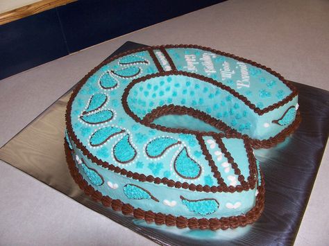 Paisley Horseshoe - Horseshoe birthday cake in Teal and Chocolate brown with white trim.  All buttercream and chocolate cake. Horseshoe Cake Ideas, Ella Katherine, Country Birthday Cakes, Cowgirl Birthday Cakes, Cake Paris, Horse Birthday Cake, Cowgirl Cakes, Baby Horse, Country Birthday