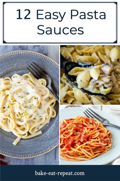 Looking for something to make for dinner tonight? I have 12 pasta sauces that are all very easy to make and taste fantastic! Pasta for dinner is always a great option - and homemade sauce makes it so much better! #pastasauce #pasta #easydinnerrecipe Diy Pasta Sauce Recipes, Different Pasta Sauces Recipes, Simple Homemade Pasta Sauce, Types Of Sauces For Pasta, Make Ahead Pasta Sauce, Easy Pasta Recipes No Cheese, Different Types Of Pasta Sauce, Simple Pastas Recipes, Homemade Pasta And Sauce Recipe