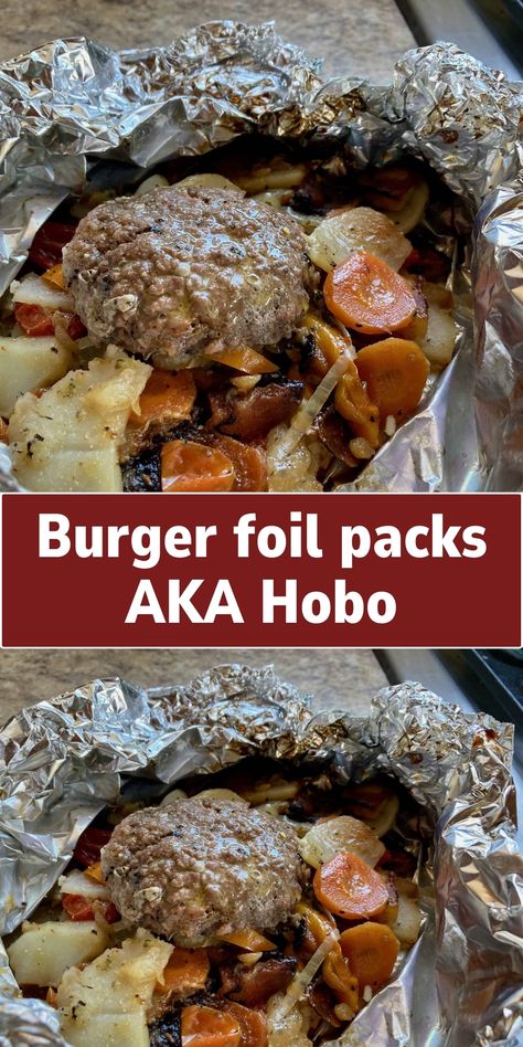 A fun and easy camping recipe, these foil packs contain seasoned hamburger patties, potatoes, carrots, and onions, all cooked together over a campfire or grill. Burger Foil Packs, Hobo Foil Packs, Oven Hamburgers, Campfire Meal, Hobo Dinner, Fast Appetizers, Hobo Dinners, Foil Pack Meals, Foil Packs