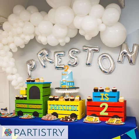 Car Plane Train Birthday Party, Train Birthday Party Backdrop, Train Baby Shower Theme Boys, All Aboard Birthday Party, Trains Birthday Party Theme, Train Three Year Old Party, Two Two Train 2nd Birthday Party, 3rd Birthday Train Theme, Thomas Train Party