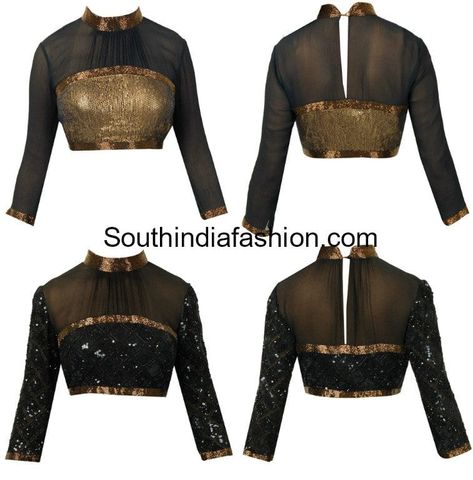 Black and Gold High Neck Blouse Designs Sequence Blouse Neck Design, Turtle Neck Blouse Saree, High Neck Saree Blouse, High Neck Blouse Designs, Gold Blouse Designs, Black Saree Blouse, Neck Blouse Designs, Black Blouse Designs, Patch Work Blouse Designs