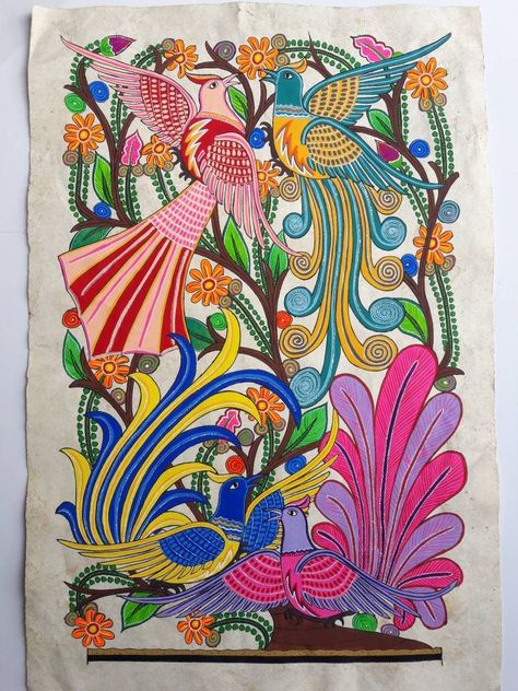 Mexican Artwork Traditional, Mexican Art Traditional, Amate Painting, Ks3 Art, Mexican Folk Art Painting, Mexican Artwork, Mexican Paintings, Folk Painting, Polish Folk Art