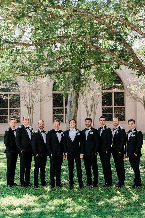 Black Tuxedo Groom And Groomsmen, Groom And Groomsmen Tuxedo, Black Tux Wedding Party, Black Tuxedo Wedding Groomsmen, Groomsmen Outfits Black, Groom And Groomsmen Attire Black, Black And White Groomsmen Attire, Groomsmen Tuxedos Black, All Black Groomsmen Attire