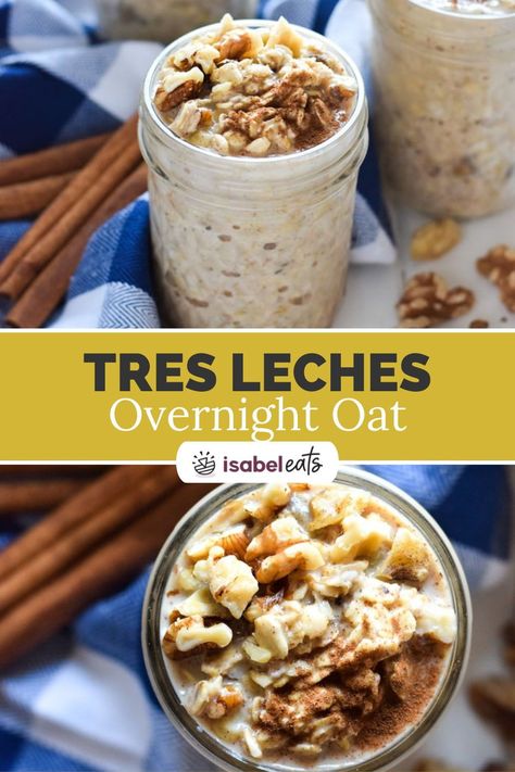 Soaked in three different kinds of milk and topped with chopped walnuts, banana slices and cinnamon, these 5-minute Mexican Tres Leches Overnight Oats are guaranteed to sweeten your mornings. Mexican Overnight Oats, Tres Leches Overnight Oats, Overnight Oats Parfait, Horchata Overnight Oats, Churro Overnight Oats, Overnight Oats Recipe Breakfast, Healthy Breakfast Alternatives, Yummy Oatmeal, Overnight Oats Recipe Easy