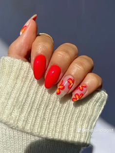 Short Nail Designs Glitter, Red Orange Nails, Red Summer Nails, Bright Summer Acrylic Nails, Palm Tree Nails, Bright Red Nails, Orange Nail Designs, Ongles Nails, Summer Nail Designs