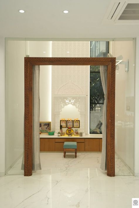 A Subtle Colour Palette To Induce An Old-World Charm To The Interiors | A-TRIO ARCHITECTS - The Architects Diary Room With Two Windows, Family Lounge, Mandir Design, Bathroom Design Layout, Temple Design For Home, Pooja Room Door Design, Pooja Room Design, Room Door Design, Puja Room