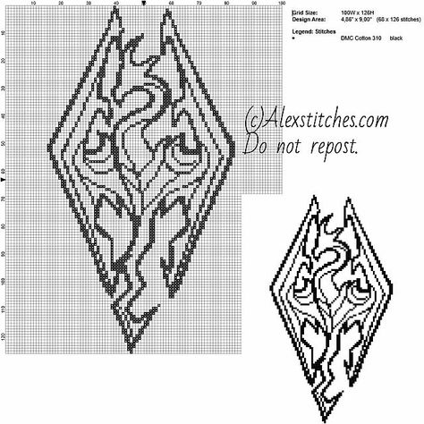 Symbol Skyrim dragon videogames free cross stitch pattern 100x126 1 color - free cross stitch patterns by Alex Skyrim Dragon, Geeky Cross Stitch, Geek Cross Stitch, Free Cross Stitch Pattern, Free Cross Stitch Patterns, Dragon Cross Stitch, Pixel Pattern, Cross Stitches, Bead Loom