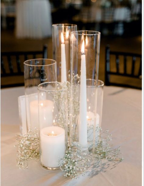 Unlit Candles Wedding Decor, Circle Table Candle Centerpiece, Head Table Wedding Decorations Candles, Mixed Candle Centerpiece, Candle Decor For Weddings, Wedding Centerpieces Babysbreath, Wedding Decorations With Candles, Candle Heavy Wedding Centerpiece, Candle And Flower Centerpieces