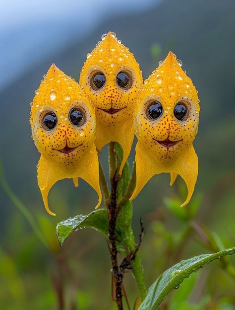 A captivating trio of Monkey Orchids, showcasing their uncanny resemblance to playful monkeys. With wide, expressive "eyes" and a mischievous grin, these unique flowers are a true marvel of nature. Light: Bright, indirect light. Avoid direct sunlight. Water: Keep the potting mix consistently moist, but not soggy. Soil: Well-draining, epiphytic orchid mix. Temp: 55-75°F (13-24°C). Humidity: High humidity levels.   #houseplants #Plants #garden Monkey Orchid, Nature Light, Expressive Eyes, Plants Garden, Unusual Flowers, Light Bright, Unique Flowers, Dracula, Monkeys