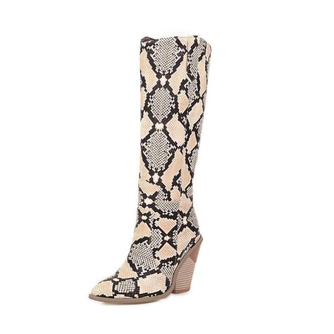 STALOV Snake Print Knee High Boots for Women Chunky Heel Pointed Toe Cowboy Boots Western Snakeskin Cowgirl Boots Snake Skin Boots, Boots Luxury, Python Snake, Snakeskin Boots, Snake Pattern, Genuine Leather Boots, Shoes High, Pointed Toe Heels, Women Boots