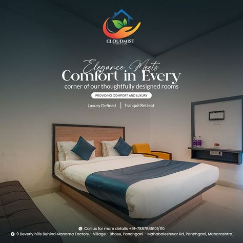 Cloudmist Resort: Your gateway to Mahabaleshwar's enchanting beauty. Discover our luxurious rooms and make your booking for an unforgettable escape. ✨🛏️ #CloudmistElegance #ReserveNow Contact us : Mobile : +91-7887885101/110 Address : 9 Beverly hills Behind Manama Factory, Mahabaleshwar Rd, Panchgani, Maharashtra #cloudmist #cloudmistresortandspa #resortsinmahabaleshwar #mahableshwar #resortview #luxuryresort #beautifulresort #resortlife #room #luxuryresort #resort #view #poolwithaview Hotel Advertisement, Diwali Poster, Hotel Royal, Mahabaleshwar, Luxurious Rooms, Social Media Advertising Design, Instagram Template Design, Royal Hotel, Spa Room