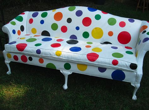 Polka Dot Sofa. I feel like this would fit in a circus living room. Or if you want to play Extreme Twister. Joseph's Coat, Fun Furniture, Dot Dot, Painted Chairs, Yayoi Kusama, Funky Furniture, Take A Seat, Unique Furniture, B & B