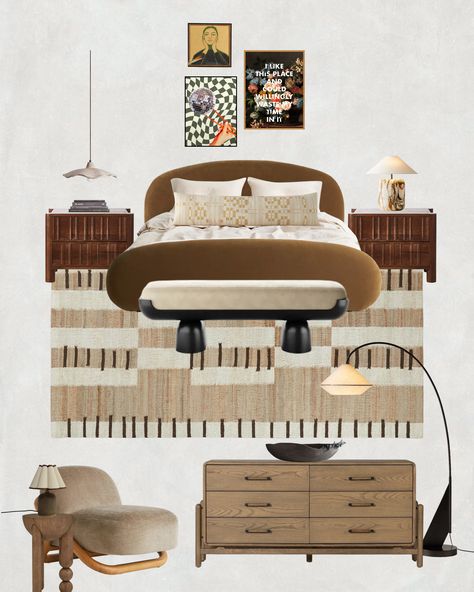 Funky bedroom moodboard showcasing bold rust tones, eclectic patterns, and modern decor pieces with product links for easy shopping and design inspiration. Retro Furniture Makeover, Vibrant Bedroom, Wood Rug, Modern Eclectic Bedroom, Bedroom Mood Board, Tufted Bed Frame, Bedroom Moodboard, Funky Bedroom, Moody Living Room