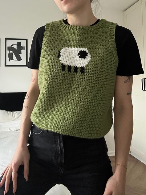 Crochet Sheep Vest Pattern Crochet Bird Vest, Sage Green Crochet Vest, Crochet Sheep Sweater Pattern, Sleeveless Sweater Crochet, Crochet Cow Sweater, Crochet Tapestry Sweater, Tapestry Crochet Sweater, Crochet Winter Clothes, Dark Academia Crochet