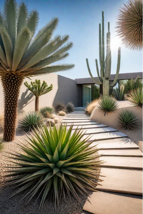 Intrigued by the desert aesthetic? Elevate your outdoor space with these simple yet stunning low-maintenance landscaping ideas. Tropical Desert Pool Landscaping, Desert Succulent Landscape, Low Maintenance Desert Landscaping, Desert Pool Landscaping Arizona, Ibiza Garden Ideas, Front Yard Desert Landscaping Ideas, Dry Garden Ideas, Desert Oasis Backyard, Desert Landscaping Front Yard