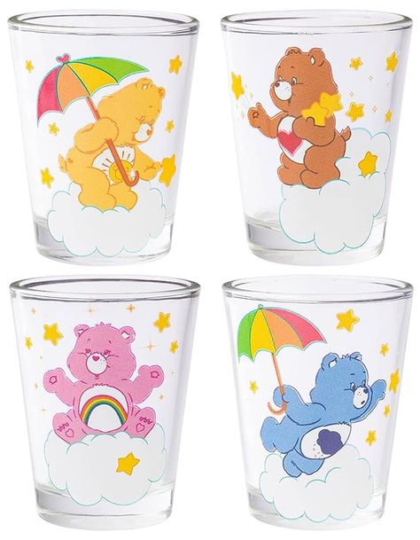 Care Bears Clouds 4 Pack Mini Glass Set. Adorable Set Features Four Whimsical Images In The Clouds Of Funshine Bear, Grumpy Bear, Cheer Bear And Tenderheart Bear. 4 Glasses That Each Hold 1.5 Ounces Of Your Favorite Beverage. Top-Rack Dishwasher Safe Or Hand Wash. Not Microwave Safe. Imported. Care Bear Heart, Whimsical Images, Care Bears Birthday Party, Tenderheart Bear, Mini Glasses, Care Bear Birthday, Grumpy Bear, Funshine Bear, Cheer Bear