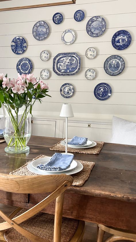 How to Plan and Hang a Plate Wall - Cottage and Vine Blue Plate Wall, Decorating With Plates On Wall, Hanging Plates On The Wall, Blue And White Plates On Wall, Blue Plates Wall, Hang Plates On Wall, Plates On The Wall, Spring Cottage, Kitchen Plate