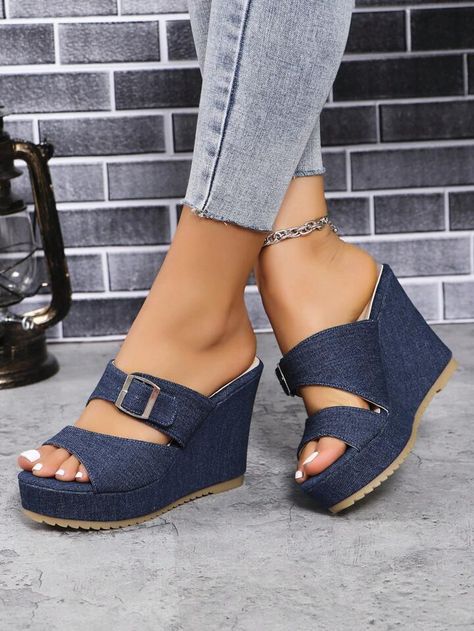 Kasut Tumit Tinggi, Navy Wedges, Wedges Shoes, Sandals Casual, Sandal Platform, Shoes Sandals Heels, Wedge Heel Sandals, Shoes High, Platform High Heels