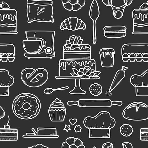 Vector pattern of baked goods and desser... | Premium Vector #Freepik #vector #bread-pattern #bakery-elements #bakery-pattern #bakery-illustration Baking Tools Illustration, Bakery Elements, Bakery Pattern, Bakery Illustration, Bread Pattern, Painting Stuff, Bakery Packaging, Stationary Set, Cake Shop