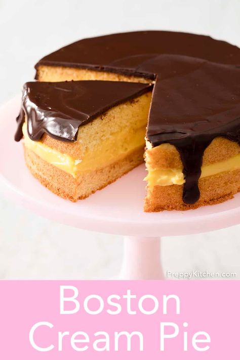 This Boston Cream Pie from Preppy Kitchen is a classic American cake, not pie; made with tender, vanilla sponge cake filled with silky, vanilla pastry cream all topped by chocolate ganache. #bostoncreampie #bestbostoncreampie #bestdesserts Boston Cream Pie Recipe, Boston Cream Cake, Vanilla Pastry Cream, Sponge Cake Filling, American Cake, Preppy Kitchen, Vanilla Sponge Cake, Boston Cream Pie, Torte Cupcake