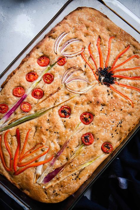 Whole Wheat Focaccia Whole Wheat Focaccia, Sourdough Focaccia, Whole Wheat Sourdough, Black Sesame Seeds, Spanish Onion, Yellow Pepper, Whole Wheat Flour, Whole Wheat, Dry Yeast