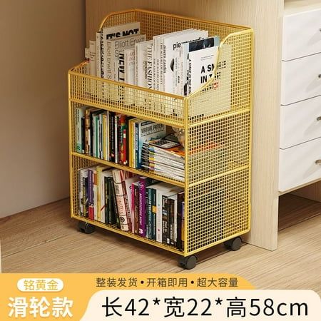 The storage shelf under the table can be moved and the small bookshelf next to the desk can store books., Size:triple layer Large - gold [with wheels] Size: triple layer large - gold [with wheels]. Under Desk Organizer, Small Apartment Book Storage, Tiny Room Storage Ideas Bedrooms, Moving Bookshelf, Creative Ways To Store Books, Comic Book Shelf, Small Office Storage, Notebook Storage, Book Bedroom