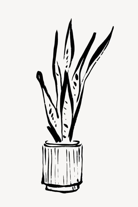 Plant Line Drawing Simple, Snake Plant Tattoo Simple, Snake Plant Doodle, Floral Ink Drawing, Flower In A Pot Drawing, Abstract Plant Tattoo, Snake Plant Drawing, Snake Line Art, Plants Sketch