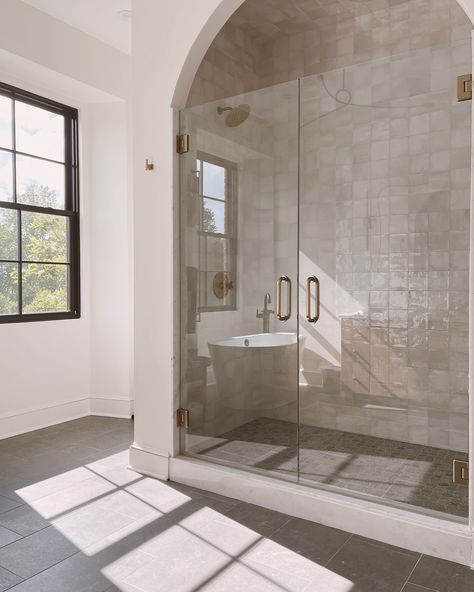 West Slope Pressure Balanced … curated on LTK Transitional Ensuite Bathroom, Light Tile Floor Bathroom, Herringbone Bathroom Backsplash, Transitional Half Bathroom, Mallory Ervin House, Organic Modern Master Bath, Arch Shower Entry, Bathroom With Dark Floors, Modern European Bathroom