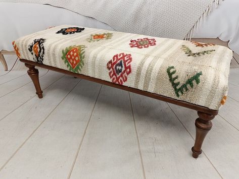 https://www.etsy.com/listing/1528567155/kilim-covered-ottoman-farmhouse-bench?click_key=88b7708440d4f5d8bf3a74256f0795cc8a220fa1%3A1528567155&click_sum=3aa37e3a&ref=shop_home_active_13&pro=1&frs=1&sts=1 Bench Front Door, Front Door Bench, Covered Ottoman, Narrow Hall Table, Rustic Hallway Table, Bench Hallway, Door Bench, Dresser In Living Room, Rustic Hallway