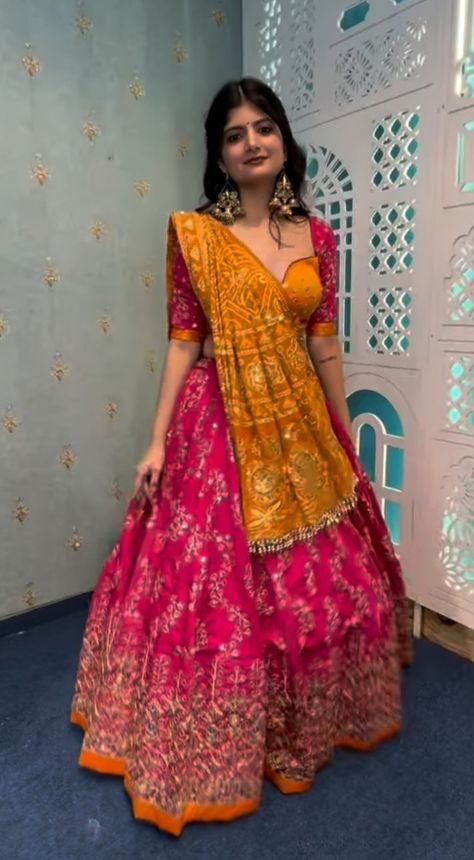 Yellow And Pink Outfit Indian, Orange And Pink Lehenga Color Combos, Orange Lehenga Colour Combinations, Pink Orange Lehenga, Pink And Orange Lehenga, Lehenga Color Combinations, Indian Fancy Dress, Navratri Outfits, Traditional Dressing